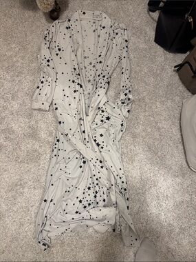 Women's Cream Star-Print Long Robe - Lightweight Open Front